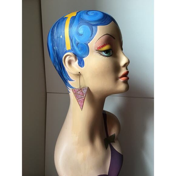 Artisan Handmade Pink and gold Geometric leather statement earrings. - Picture 3 of 10